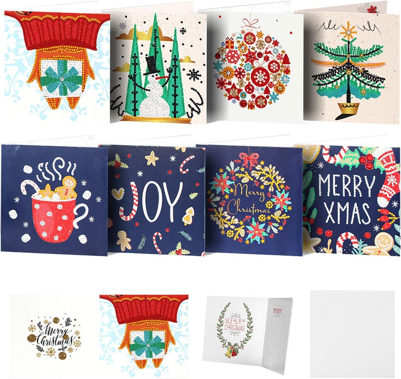 DIY Christmas Cards Diamond Painting Greeting Cards Kits Xmas Cards Paint by Number Holiday Cards for Holiday & Gift-Giving - 8 Pack